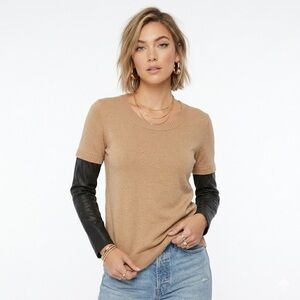 Aiko Camel Crewneck Cashmere Blend Sweater with Real Leather Sleeves MD